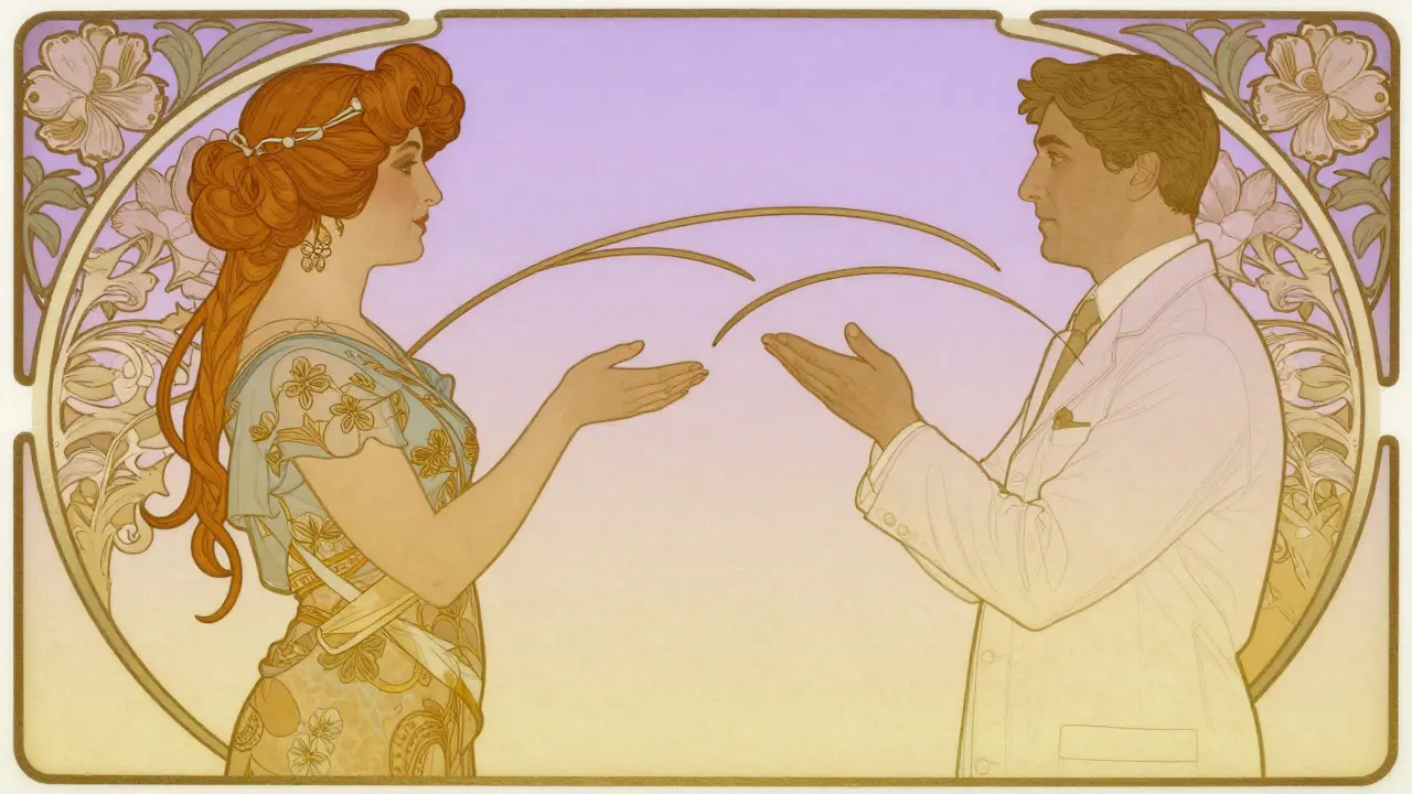 Patient and pharmacist communicating clearly in an elegant Art Nouveau setting
