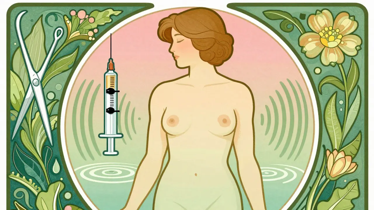 Patient surrounded by symbols of medical treatment and recovery from acromegaly
