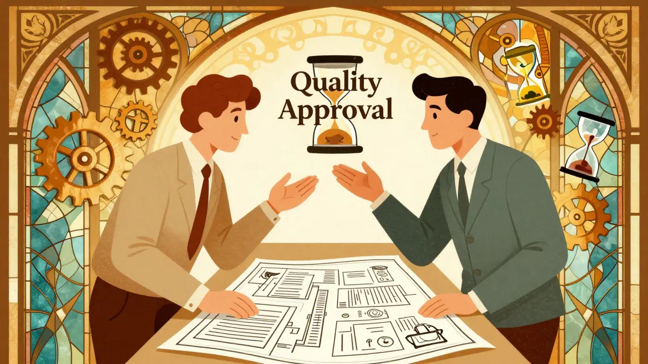 Regulatory experts collaborating over blueprints in an ornate, vintage style