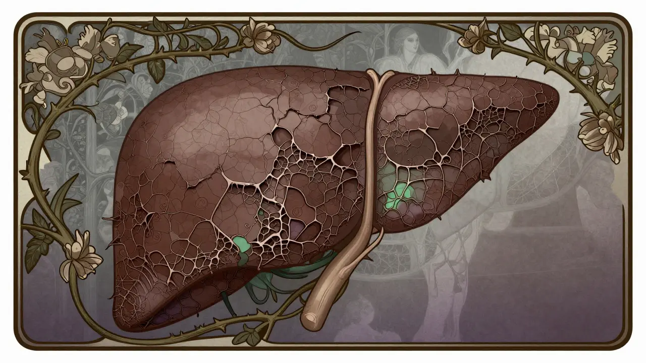 Scarred liver texture framed by ornate, wilting floral motifs
