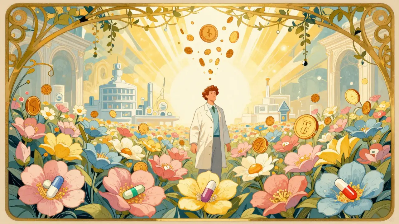 Scientist standing among medicinal flowers with floating tokens in a sunny field