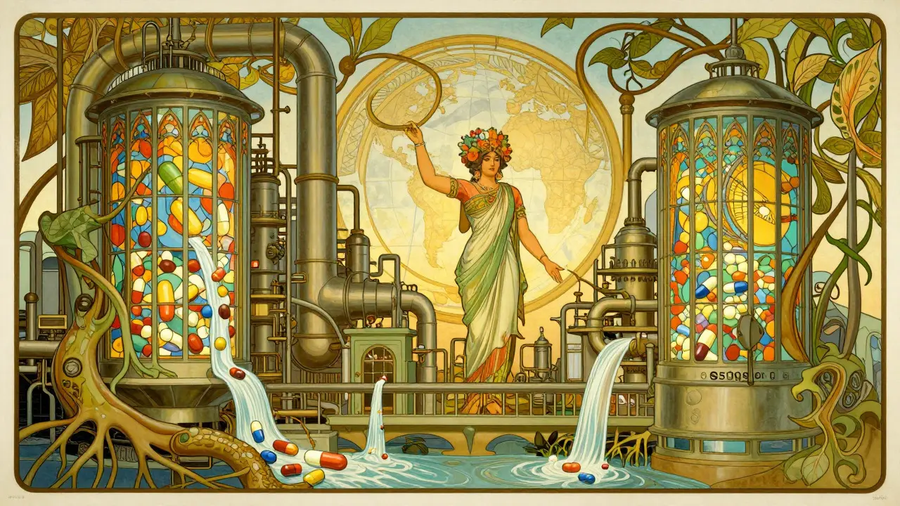 Stylized Art Nouveau factory producing generic medicines globally