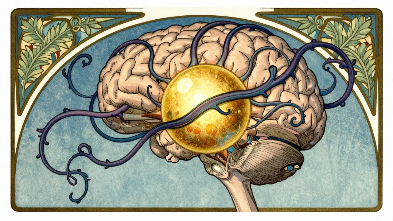 Stylized brain with vines suppressing a glowing hormone orb in Art Nouveau style