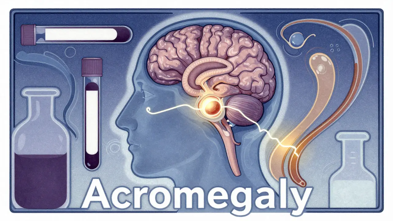 Stylized head profile showing pituitary tumor and hormonal activity during diagnosis