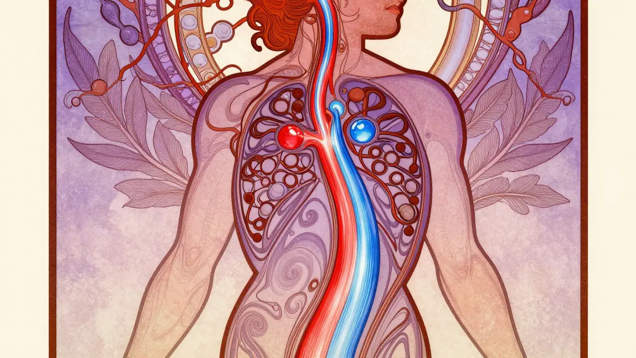 Stylized human figure with merging light streams representing drug bioequivalence