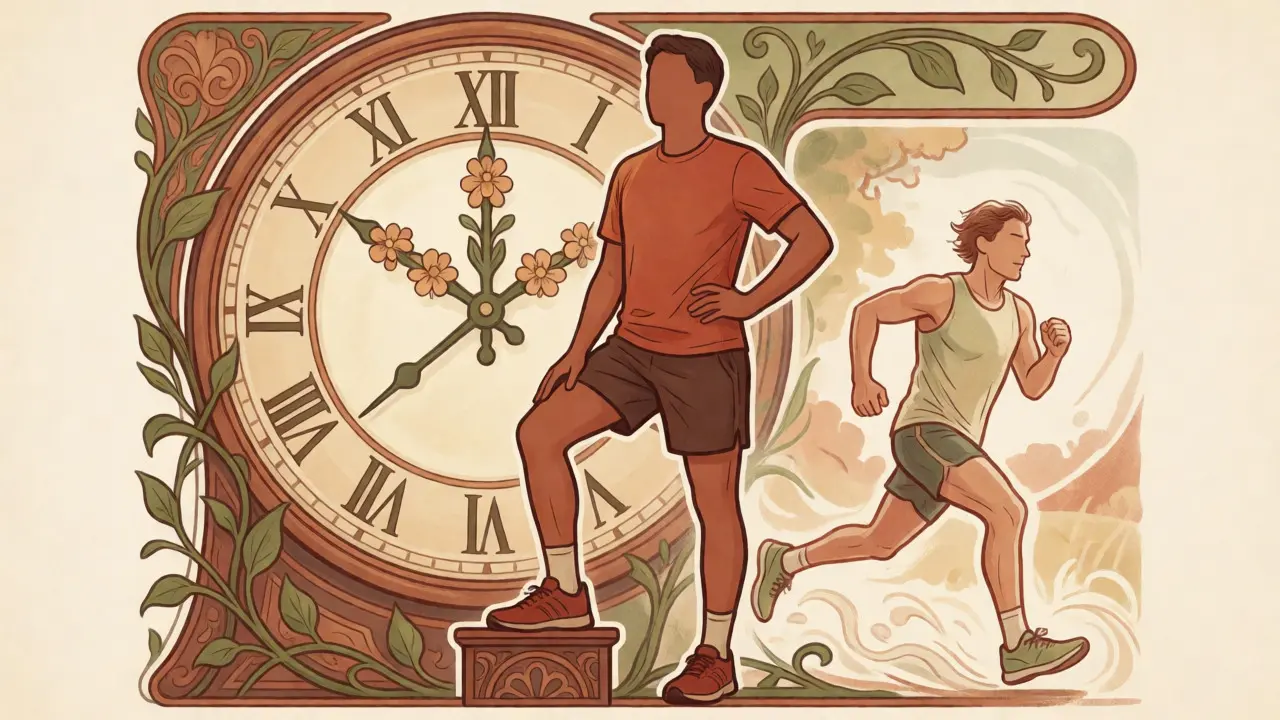 Art Nouveau style figure completing tendon rehab exercises beside a symbolic clock and runner.