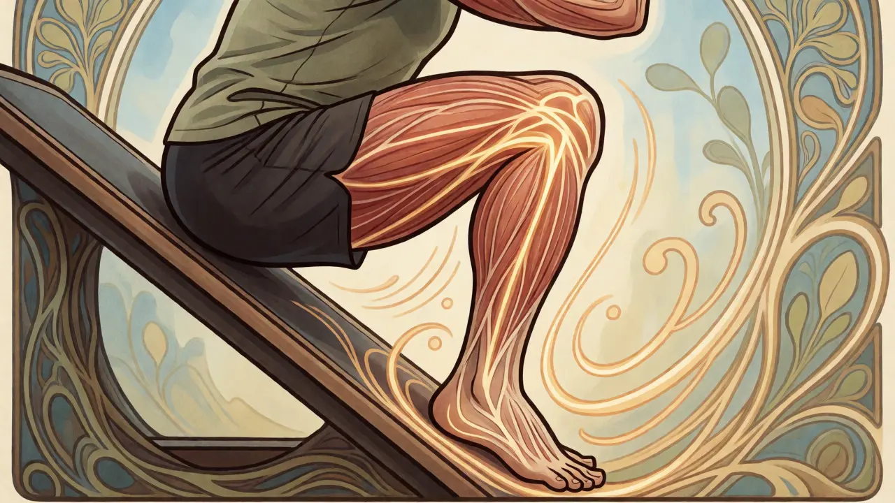 Illustration of a leg performing decline squats with highlighted patellar tendon and collagen fibers.