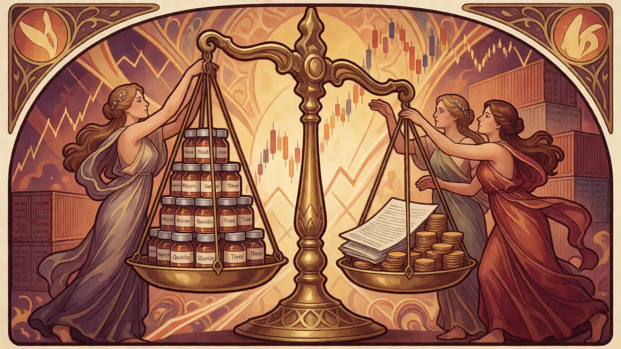 Ornate scales balancing pharma products and money, depicting financial impact in Art Nouveau style.