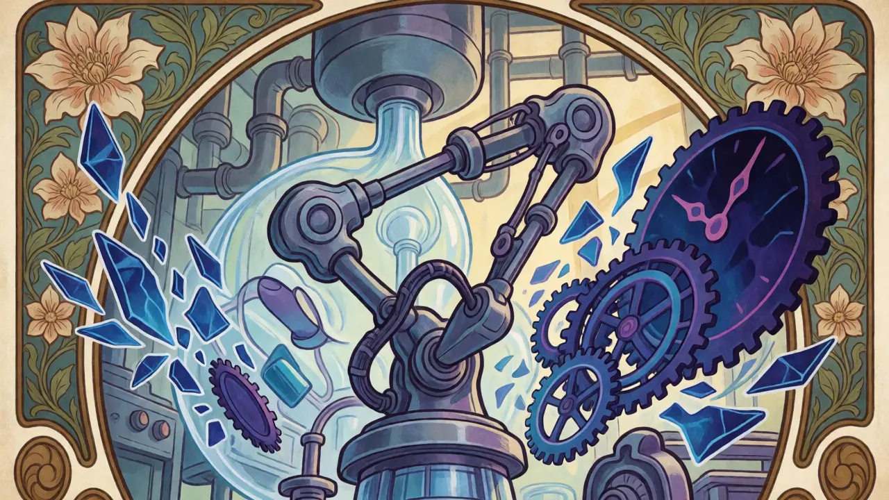 Stylized cleanroom machinery with symbols of data integrity violations in Art Nouveau art.